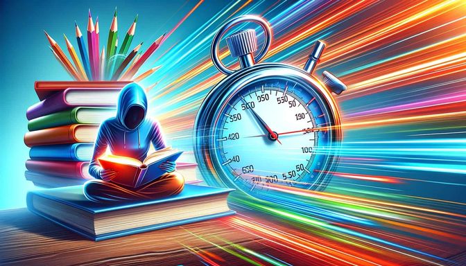 Hooded figure reading with colorful light trails and stopwatch.
