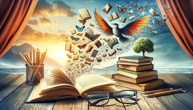 Fantasy reading concept with flying books and a phoenix over an open book