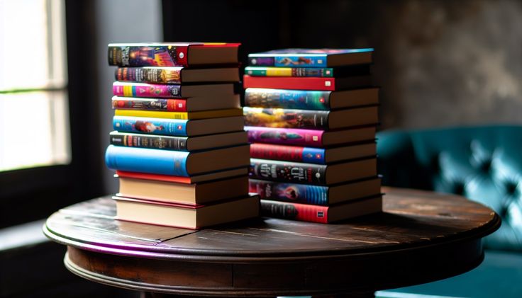 Stack of colorful books on a wooden table