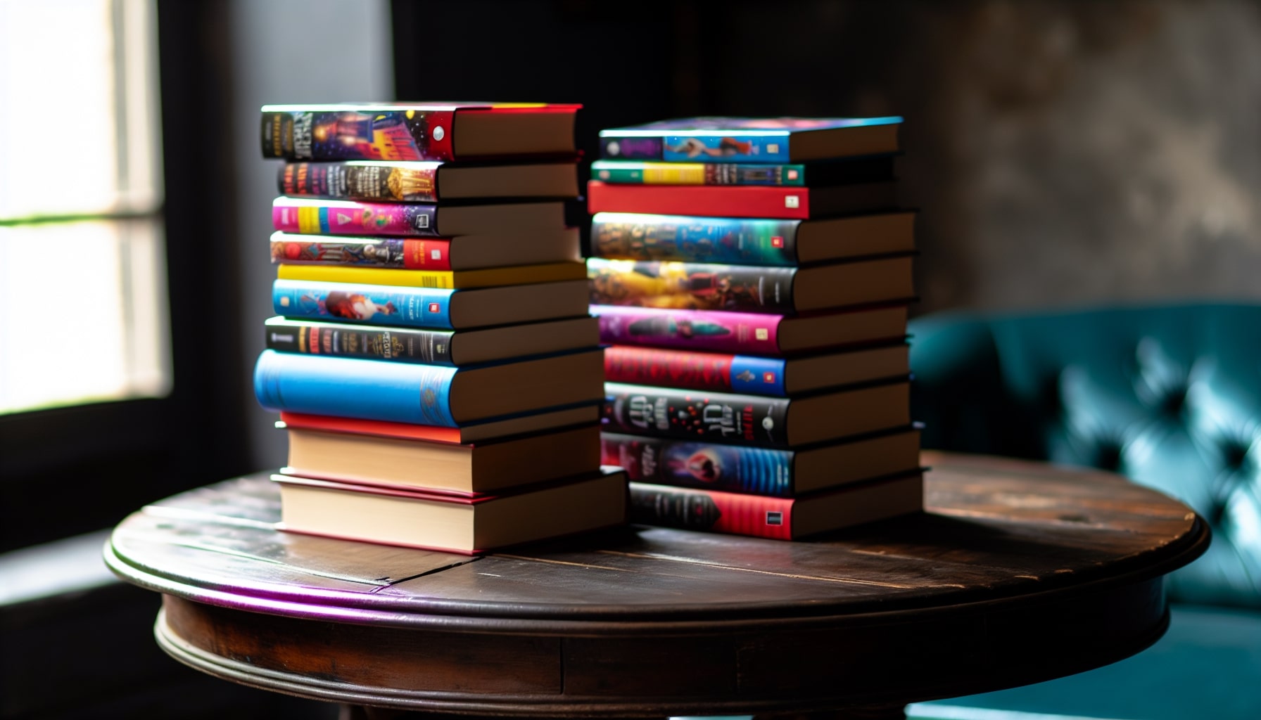 Stack of colorful books on a wooden table