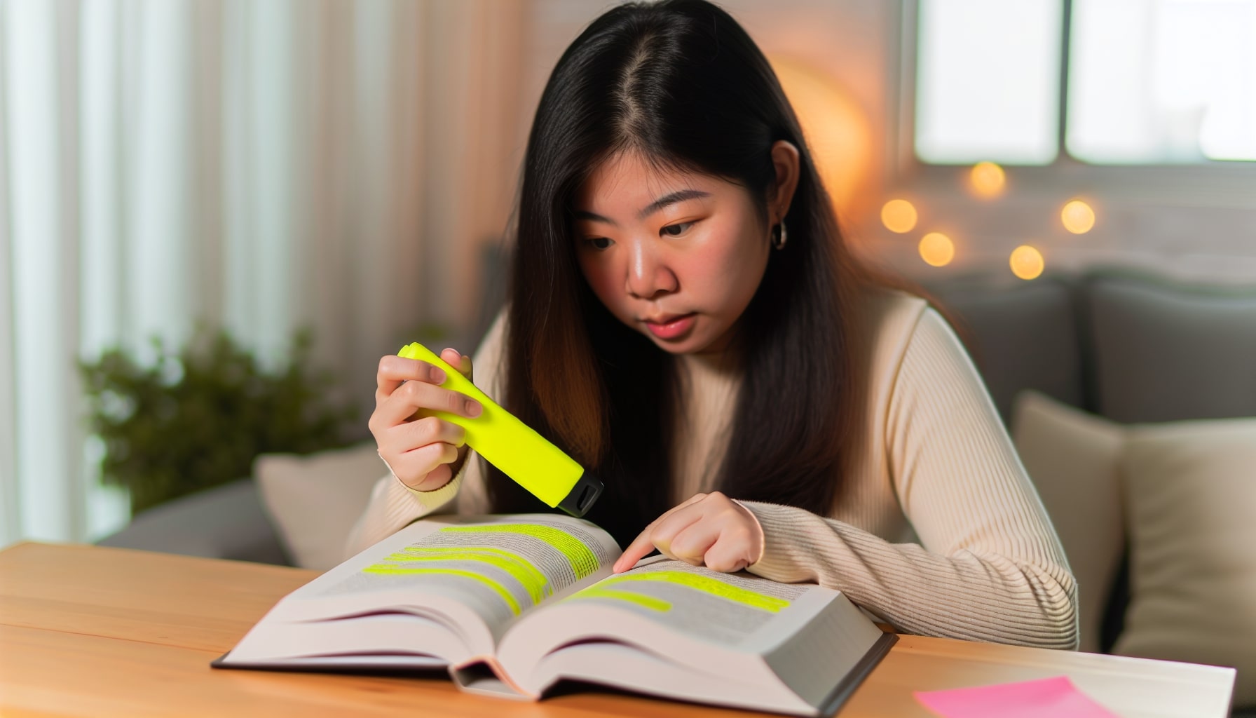Person actively annotating and highlighting key points in a book