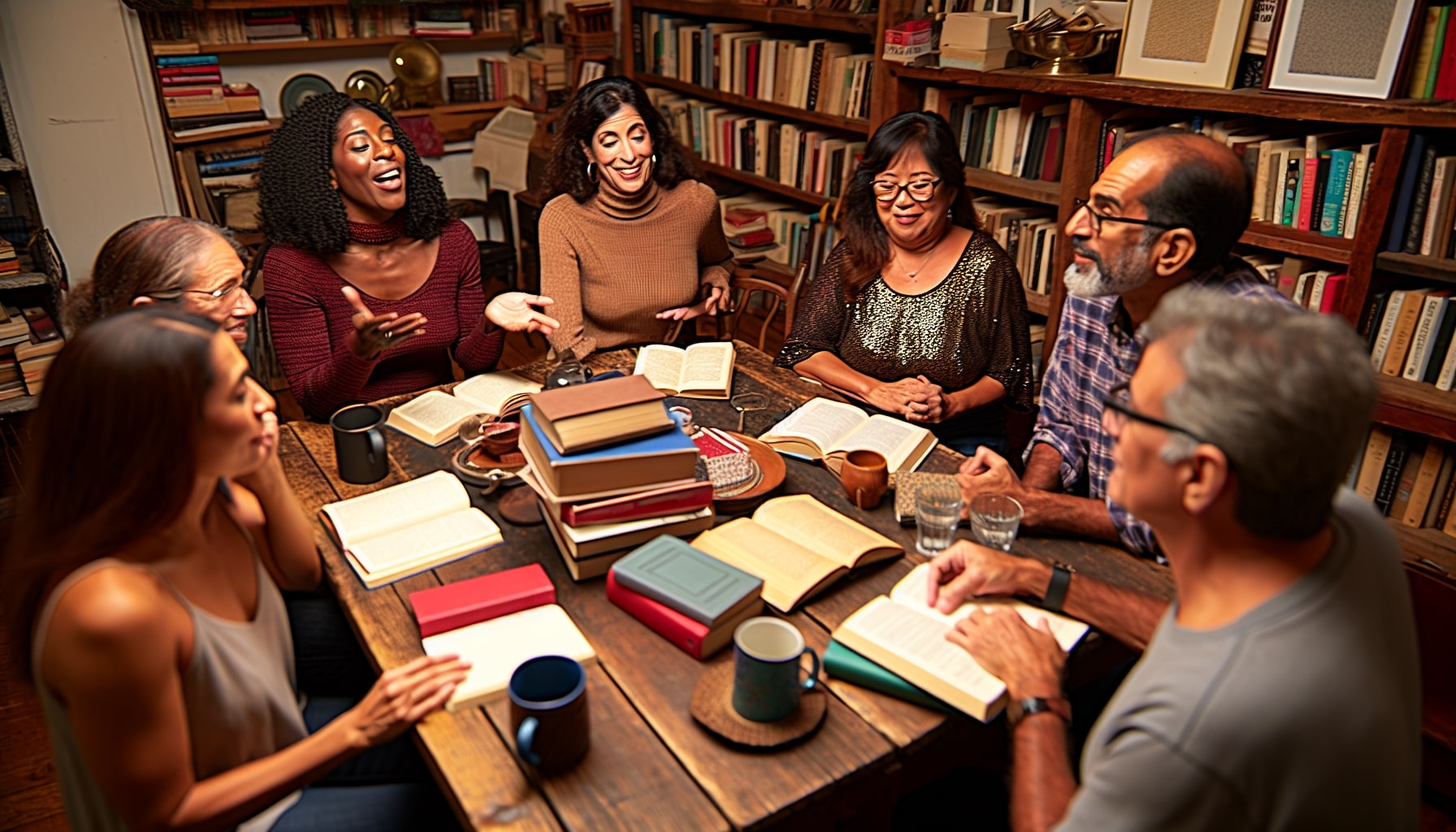 Group of people discussing a book in a book club meeting