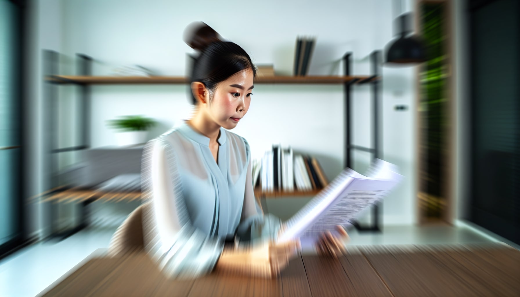 A person efficiently reading a paper with blurred text to represent speed reading skills